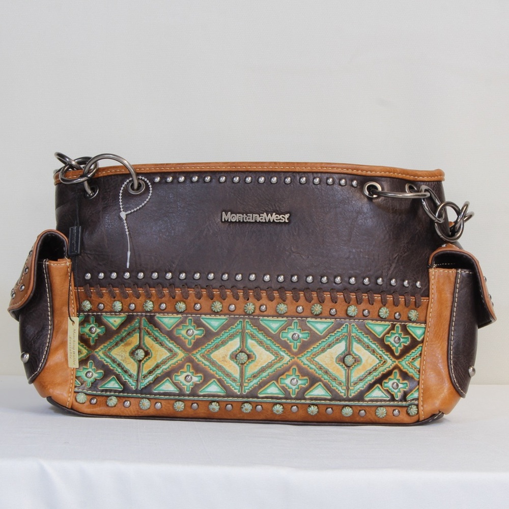 Montana West Concealed Carry Brown Aztek Western Tooled Leather Purse NWT